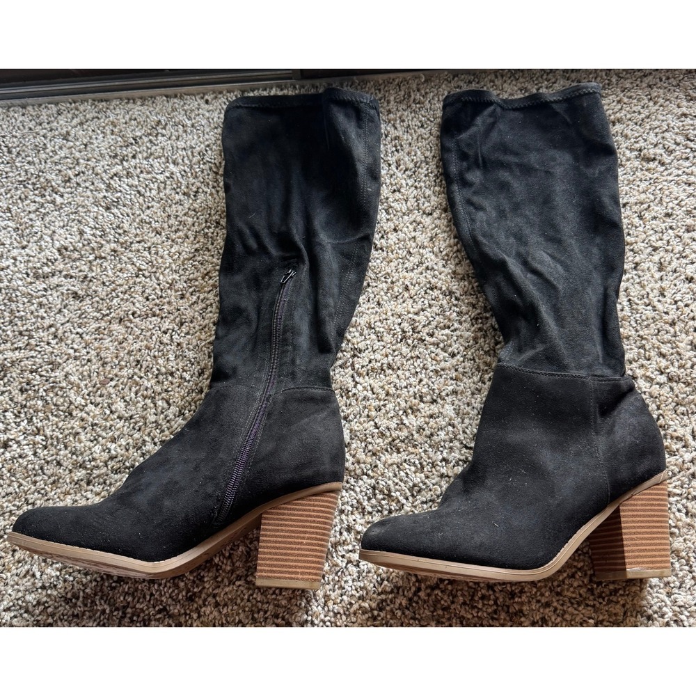 True‎ Craft Womens Black Faux Suede Tall Knee High Boots Stacked Bloc Size 8